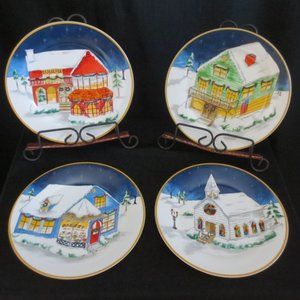 American Atelier Winter Village Eight Inch 4 Plate Set #5053 Colorful Ceramic